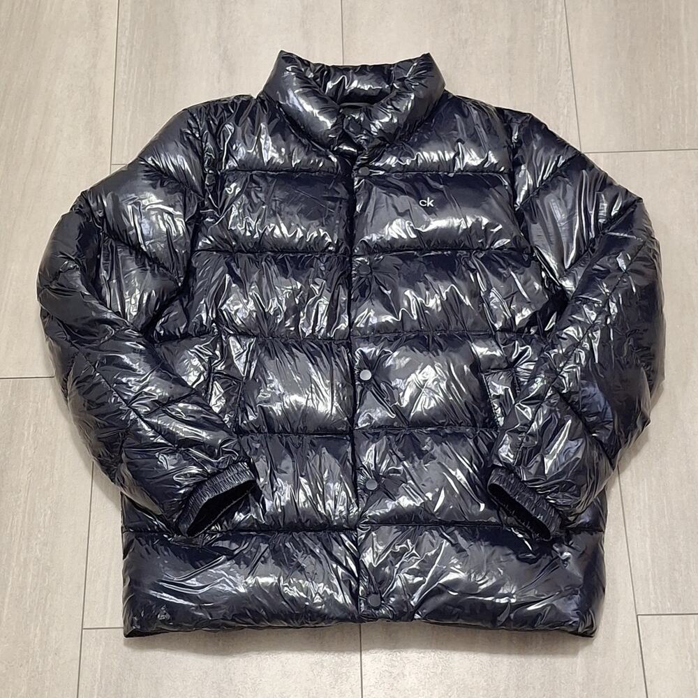 Calvin Klein Dark Blue Glossy Puffer Jacket Medium Water Resistant Logo Snap